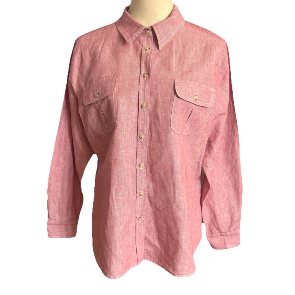 Liz Claiborne Women PXL Linen Cotton Pinstripe Red Button Up Long Sleeves Pocket